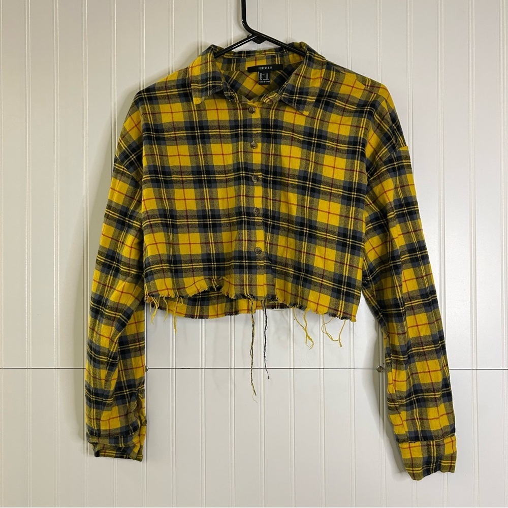 Yellow Plaid Cropped Flannel Distressed Grunge Button Up Size Medium - Picture 1 of 6